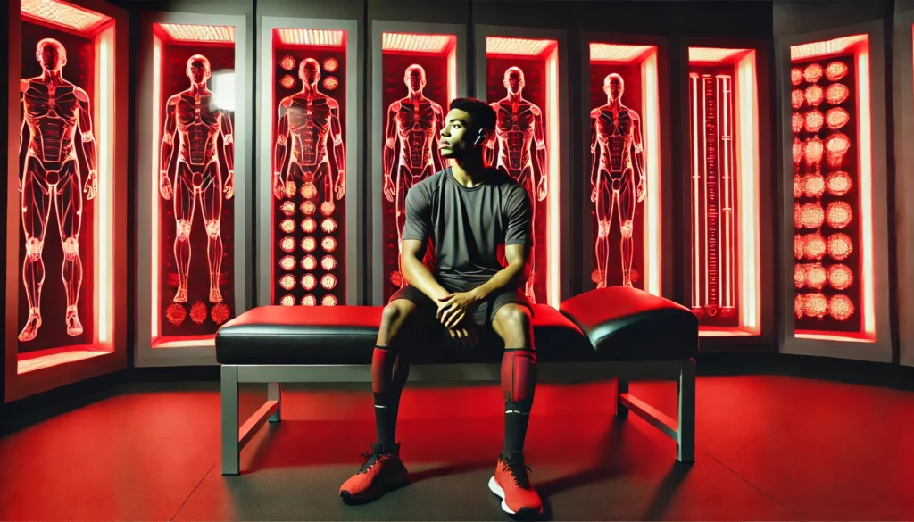 Red Light Therapy Cost: Is It Worth the Investment for Athletic Recovery & Regeneration? 3 A professional athlete sitting in a luxurious recovery lounge, surrounded by red light therapy panels, enjoying the therapeutic effects of high-tech muscle regeneration.