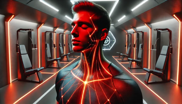 A futuristic athlete using red light therapy on their face and neck in a high-tech recovery room, with the glowing red light highlighting muscle relaxation and circulation enhancement.