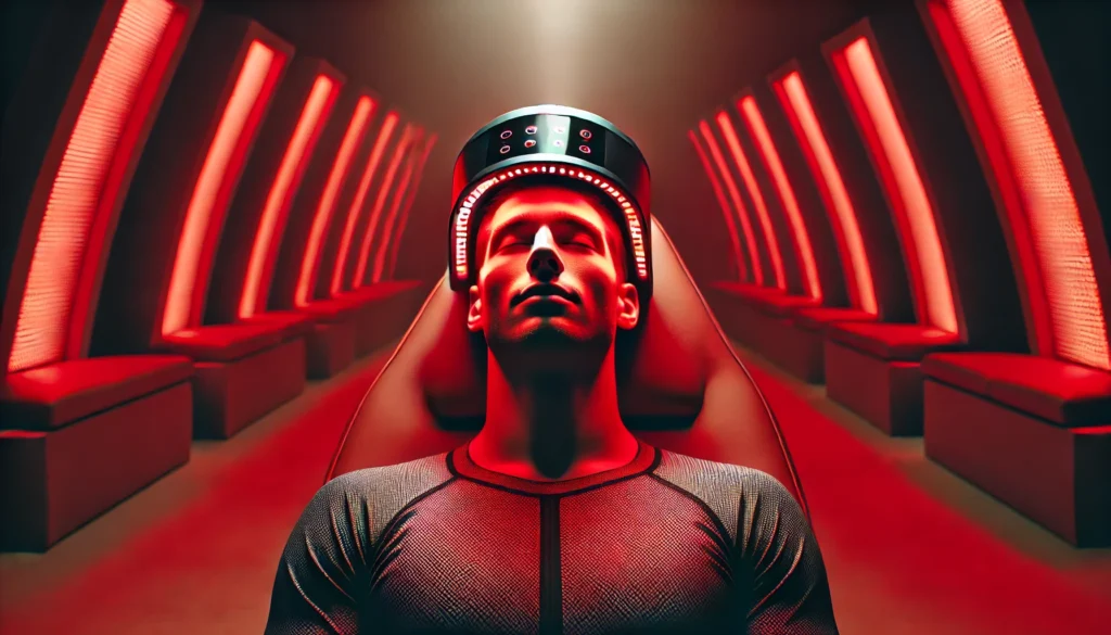 An elite athlete resting in a serene, spa-like recovery space, illuminated by a red light therapy device targeting their face and neck for post-workout rejuvenation.