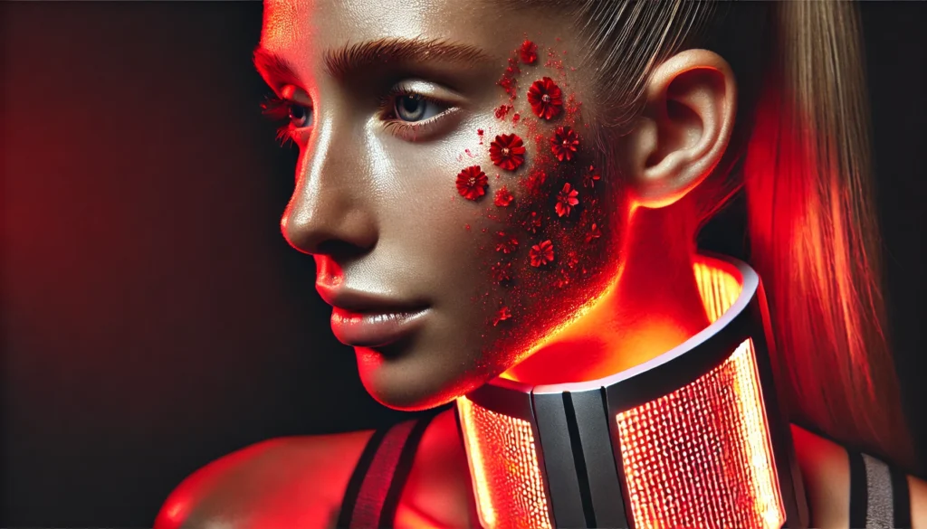 Unlock Faster Athletic Recovery: The Best Red Light Therapy for Face and Neck 2 A close-up of an athlete’s face bathed in the warm glow of red light therapy, emphasizing improved circulation, skin revitalization, and collagen production.