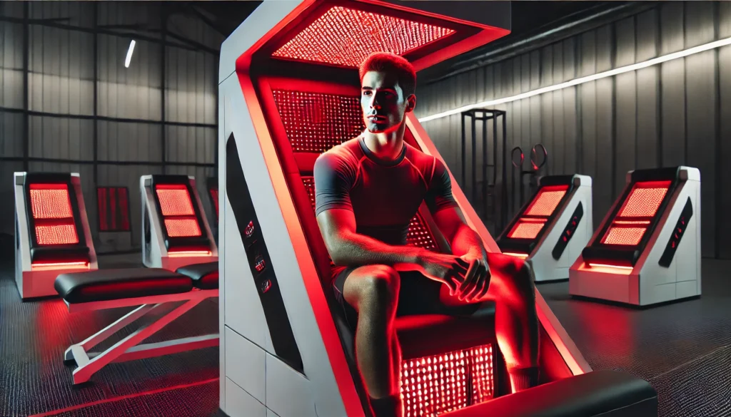 Unlock Faster Athletic Recovery: The Best Red Light Therapy for Face and Neck 3 A professional athlete seated in a modern recovery center, using a red light therapy panel to enhance post-workout muscle recovery and relaxation.