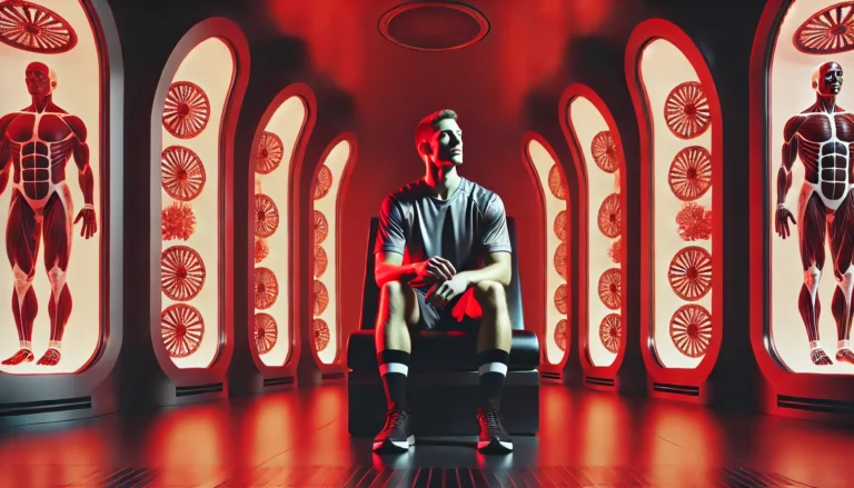 A high-performance athlete recovering in a futuristic infrared therapy room, illuminated by a soft red glow from strategically placed infrared lamps, promoting deep muscle relaxation and regeneration.