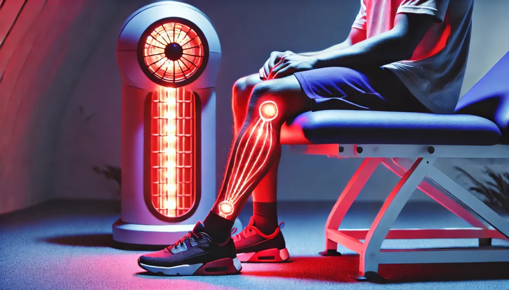 A close-up view of an athlete’s legs under infrared therapy lamps emitting a deep red glow, demonstrating enhanced blood circulation and deep tissue recovery.