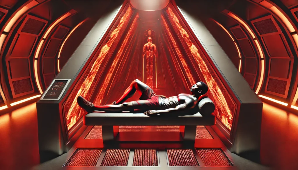 Infrared Light Benefits for Athletic Recovery: How IR Therapy Enhances Performance & Regeneration 2 A professional athlete lying in a sleek, futuristic infrared therapy chamber, bathed in a warm red light, highlighting muscle relaxation and advanced athletic recovery technology.