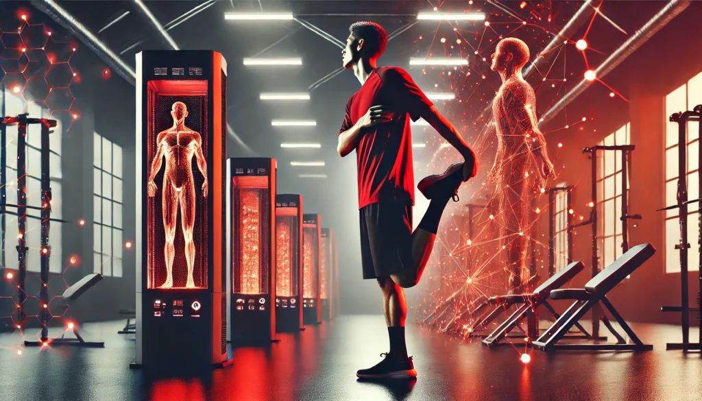 Infrared Light Benefits for Athletic Recovery: How IR Therapy Enhances Performance & Regeneration 3 An athlete stretching post-workout under infrared therapy lights in a modern sports recovery center, with soft red illumination enhancing muscle recovery and flexibility.