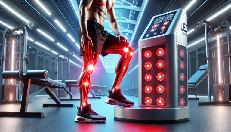 A high-tech LED light therapy machine emitting red and near-infrared light onto a professional athlete's legs, highlighting deep tissue regeneration in a modern sports recovery facility.