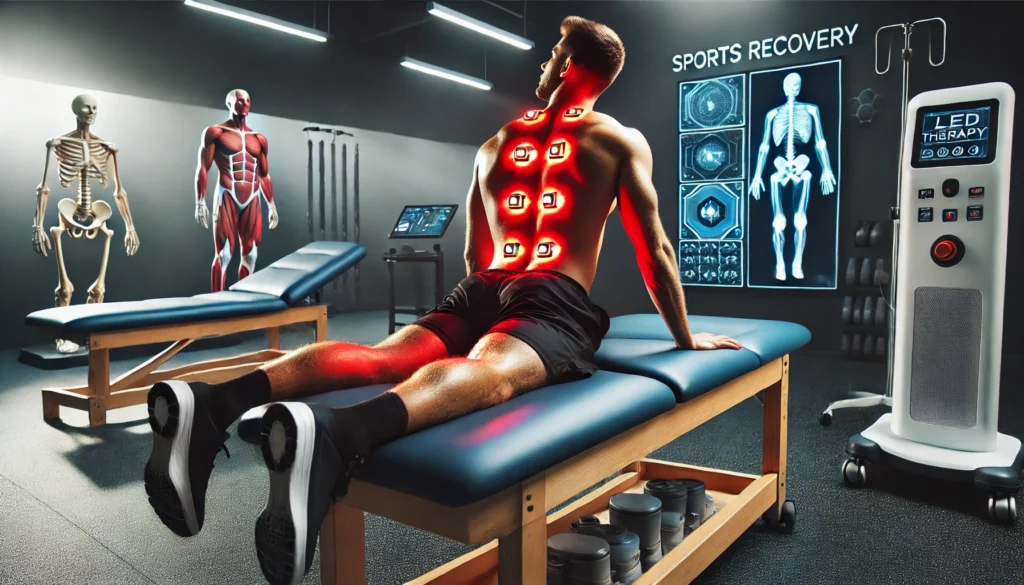 A professional athlete lying on a treatment table receiving medical grade LED light therapy on their back and shoulders, with glowing red and near-infrared light promoting muscle recovery in an advanced therapy center.