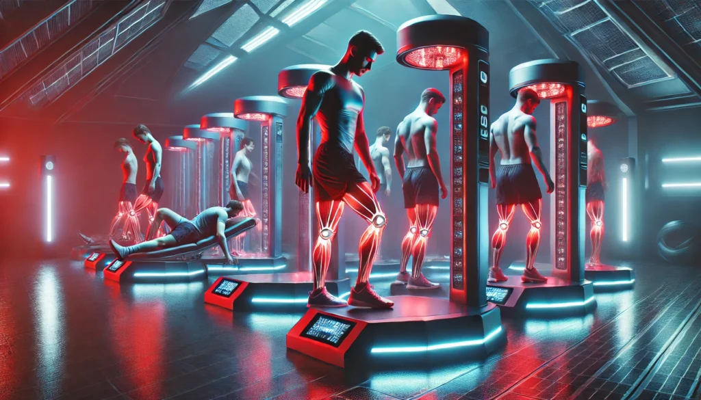 How Medical Grade LED Light Therapy Boosts Athletic Recovery & Regeneration 2 A futuristic sports therapy room where multiple athletes use medical grade LED light therapy machines on their legs and arms, surrounded by glowing red and near-infrared lights enhancing post-training muscle regeneration.