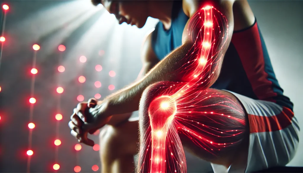 How Medical Grade LED Light Therapy Boosts Athletic Recovery & Regeneration 3 A close-up of an athlete’s leg muscles illuminated by medical grade LED light therapy, showing deep tissue penetration and recovery with a softly blurred background emphasizing the advanced treatment.