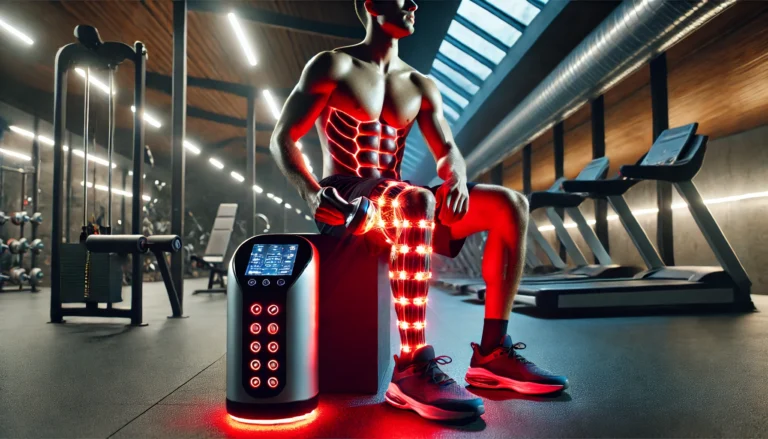 A futuristic gym setting where an athlete is using a red light therapy device on their legs post-workout. The device emits a vibrant glow, highlighting the athlete’s muscular physique and advanced training environment.