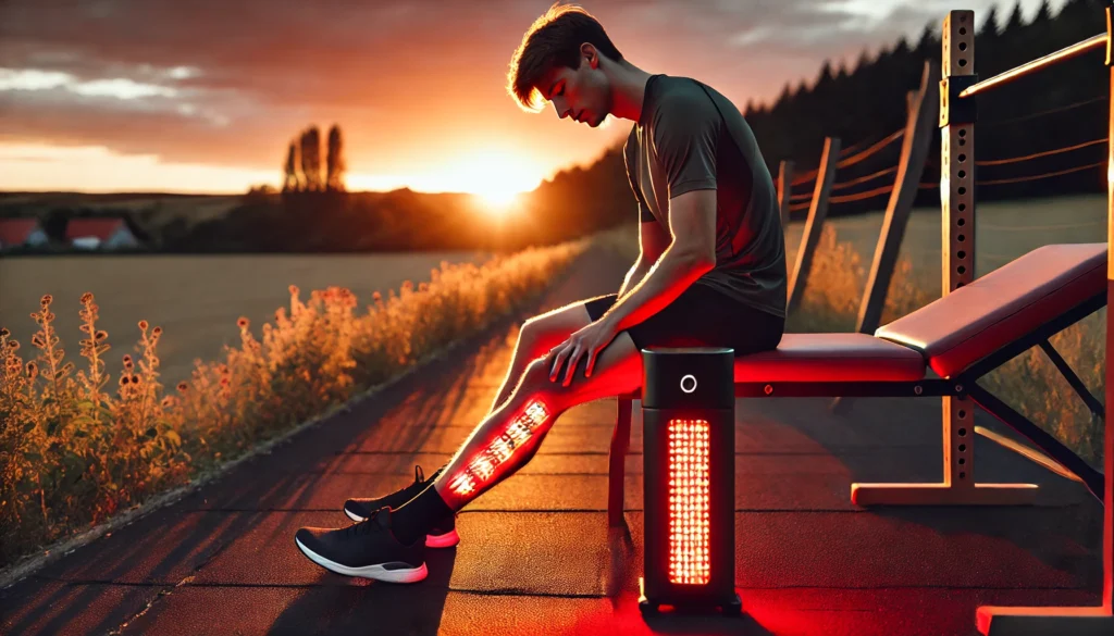 A runner recovering outdoors at sunset using a red light therapy device on their legs. The soft red glow from the device contrasts with the warm golden light of the setting sun, creating a serene and rejuvenating atmosphere.