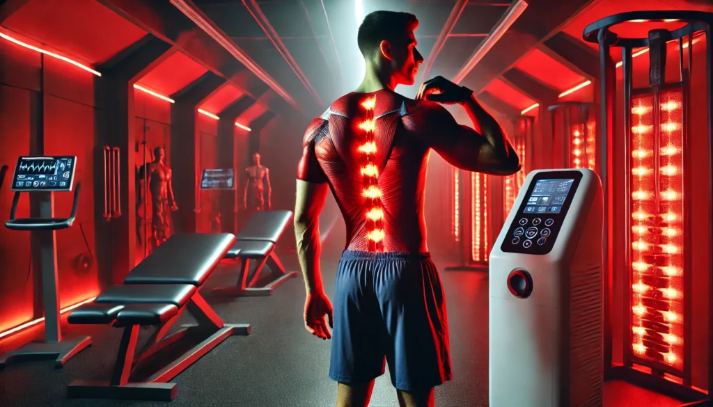 How a Light Therapy Device Can Accelerate Athletic Recovery and Enhance Performance 2 A high-performance athlete using a red light therapy device on their upper body in a state-of-the-art sports rehabilitation center. The red glow from the device emphasizes the athlete’s muscular form, while the futuristic environment showcases cutting-edge recovery technology.