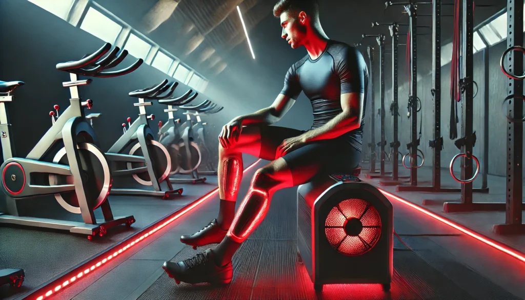 How a Light Therapy Device Can Accelerate Athletic Recovery and Enhance Performance 3 A professional cyclist recovering in a modern training facility while using a red light therapy device on their legs. The red glow from the device enhances circulation and muscle repair, set against a backdrop of high-end athletic training equipment for performance optimization.