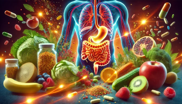 A glowing digestive system illustrating nutrient absorption, with vibrant fruits, vegetables, and supplements breaking down and being absorbed into the bloodstream, symbolizing optimal bioavailability