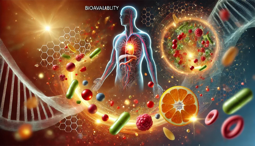 A microscopic visualization of nutrients breaking down and entering the bloodstream, with glowing vitamins and minerals being absorbed by human cells, symbolizing optimal bioavailability