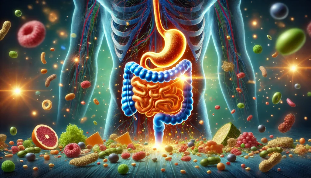A detailed illustration of the human digestive system highlighting nutrient absorption, with food particles transforming into bioavailable nutrients and glowing as they enter the bloodstream