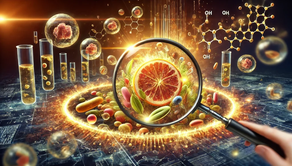 A magnified depiction of human cells actively absorbing vitamins and minerals, with a glowing effect highlighting efficient nutrient bioavailability at a cellular level