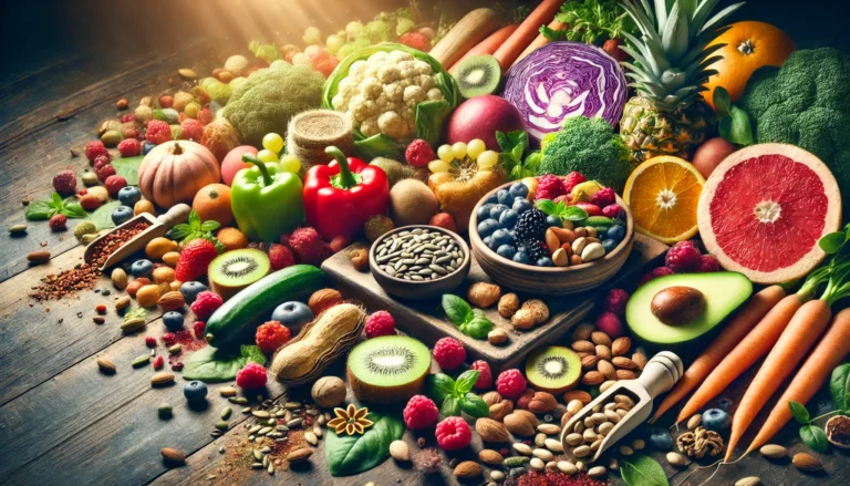 A vibrant and colorful assortment of fresh fruits, vegetables, nuts, and seeds arranged naturally, representing a variety of vitamins and bioavailable nutrients essential for holistic nutrition