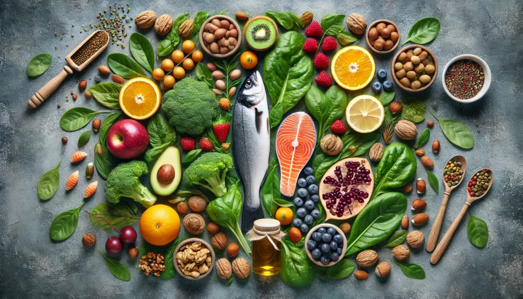 An artistic arrangement of vitamin-rich whole foods, including leafy greens, citrus fruits, berries, nuts, and fish, highlighting bioavailable nutrients and a holistic approach to nutrition