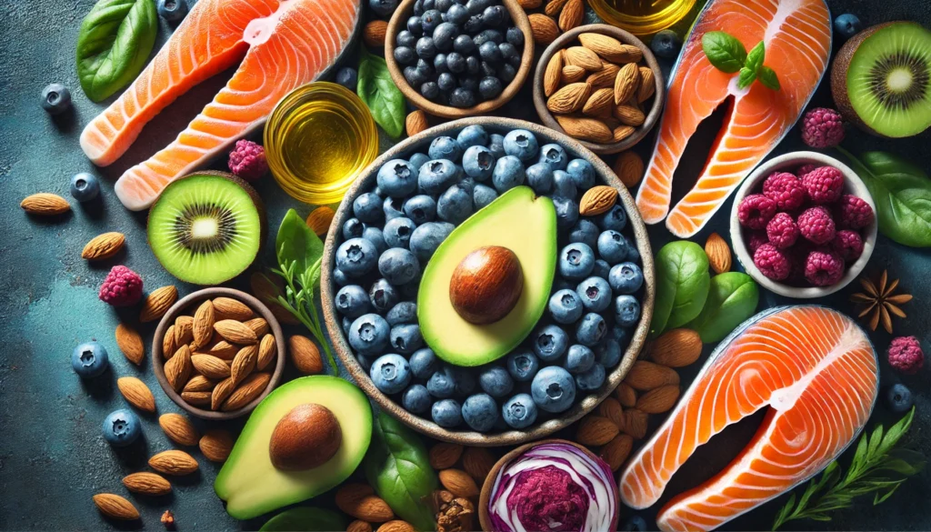 How to Know What Vitamins to Take: A Holistic Guide to Bioavailable Nutrients for Optimal Health 2 A close-up of nutrient-dense superfoods like avocados, blueberries, almonds, and salmon, showcasing their vibrant colors and natural textures, symbolizing bioavailable vitamins and whole-food nutrition