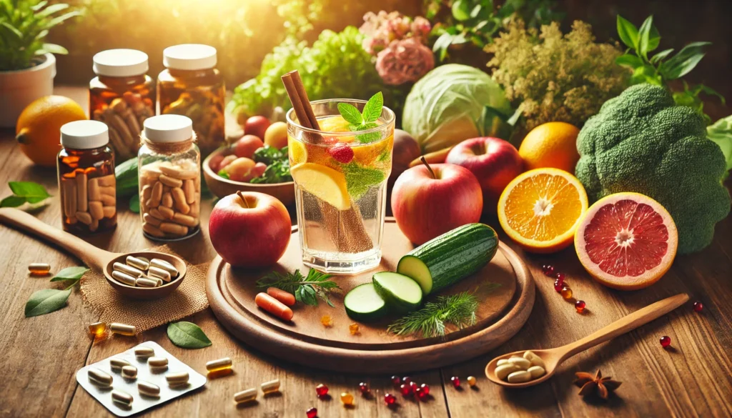 How to Know What Vitamins to Take: A Holistic Guide to Bioavailable Nutrients for Optimal Health 3 A holistic wellness setting with a wooden table adorned with fresh fruits, vegetables, herbal supplements, and a glass of infused water, representing balanced nutrition and bioavailable vitamins