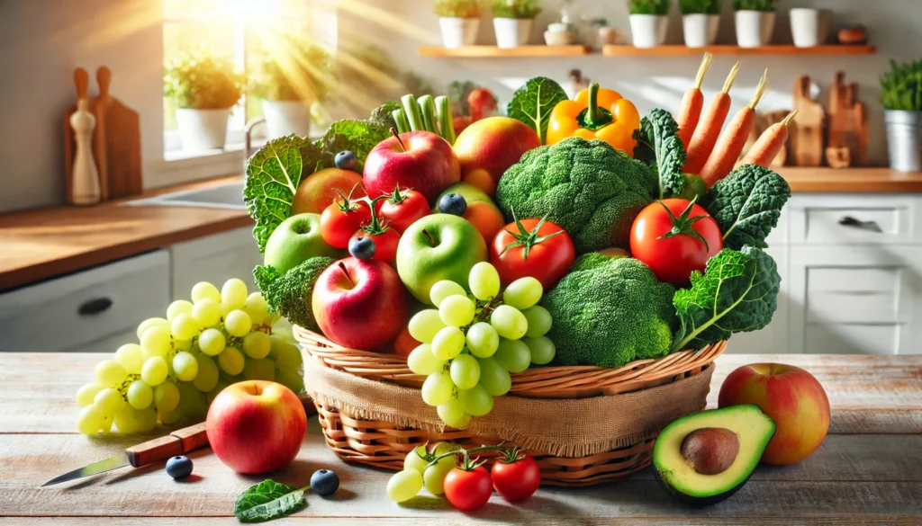 A beautifully arranged basket of colorful fruits and vegetables, including apples, grapes, kale, tomatoes, and broccoli, placed on a sunny kitchen countertop, emphasizing the richness of vitamins and essential nutrients