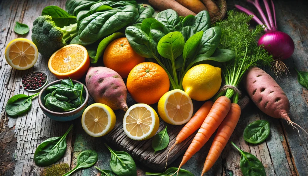 Vitamins in Fruits and Vegetables: Unlocking Nature’s Nutrient Power for Optimal Health 2 A close-up of fresh citrus fruits, leafy greens, and root vegetables, including lemons, oranges, spinach, carrots, and sweet potatoes, arranged on a rustic wooden surface, showcasing their vibrant colors and vitamin-rich properties