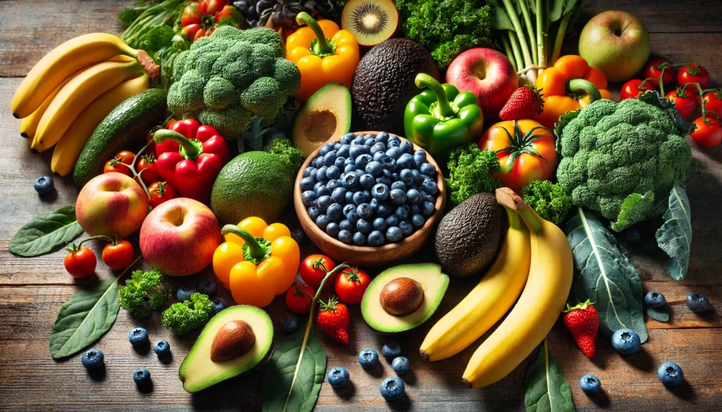 Vitamins in Fruits and Vegetables: Unlocking Nature’s Nutrient Power for Optimal Health 3 A farm-fresh harvest of colorful fruits and vegetables, including blueberries, avocados, bell peppers, bananas, and kale, spread across a wooden table, highlighting their freshness and nutrient density with essential vitamins