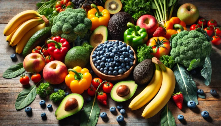 A farm-fresh harvest of colorful fruits and vegetables, including blueberries, avocados, bell peppers, bananas, and kale, spread across a wooden table, highlighting their freshness and nutrient density with essential vitamins