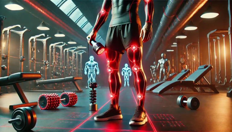 A futuristic gym setting where an athlete uses a handheld red light therapy device on their legs, surrounded by advanced recovery tools like foam rollers and massage guns. The glowing red light highlights muscle recovery in a high-tech sports environment.
