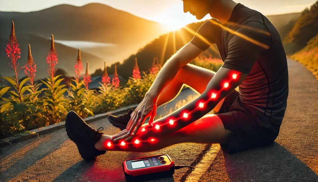 An athlete performing an outdoor training session at sunrise, applying a portable red light therapy device to their arms. The warm morning light and scenic mountain backdrop emphasize natural recovery and performance enhancement