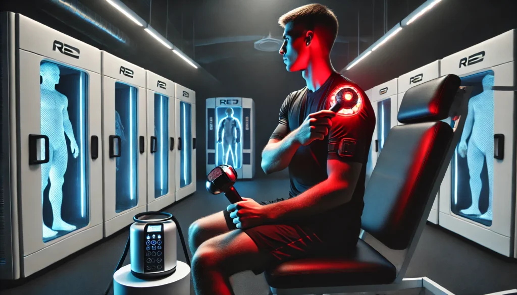 Boost Athletic Recovery Anywhere: How a Portable Red Light Therapy Device Enhances Performance 2 A high-performance recovery center where an athlete is seated in a modern therapy chair, using a handheld red light therapy device on their shoulder. The red glow from the device stands out in the dimly lit room, showcasing advanced sports recovery technology.