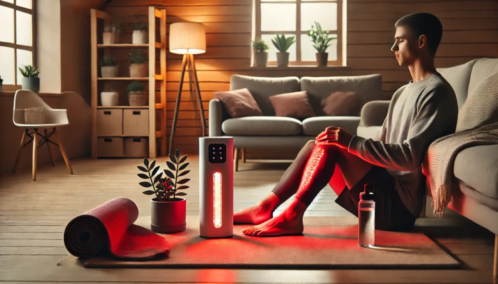 Boost Athletic Recovery Anywhere: How a Portable Red Light Therapy Device Enhances Performance 3 A home environment where an athlete is relaxing post-workout, using a portable red light therapy device on their legs. The cozy setting, complete with a yoga mat and water bottle, highlights the convenience of at-home recovery.