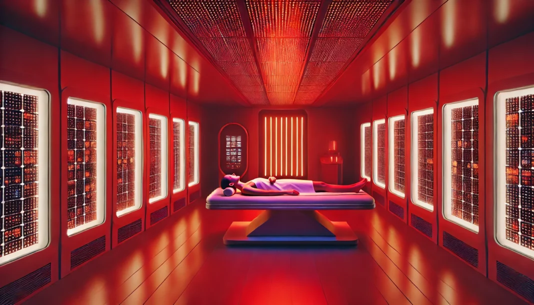 A futuristic wellness clinic featuring a red light therapy treatment room. The room is softly illuminated with red and near-infrared light panels, casting a warm glow. A person lies comfortably on a treatment bed as the red light penetrates their skin, promoting relaxation, fat reduction, and muscle recovery. The environment exudes a high-tech, spa-like aesthetic, emphasizing wellness and rejuvenation.