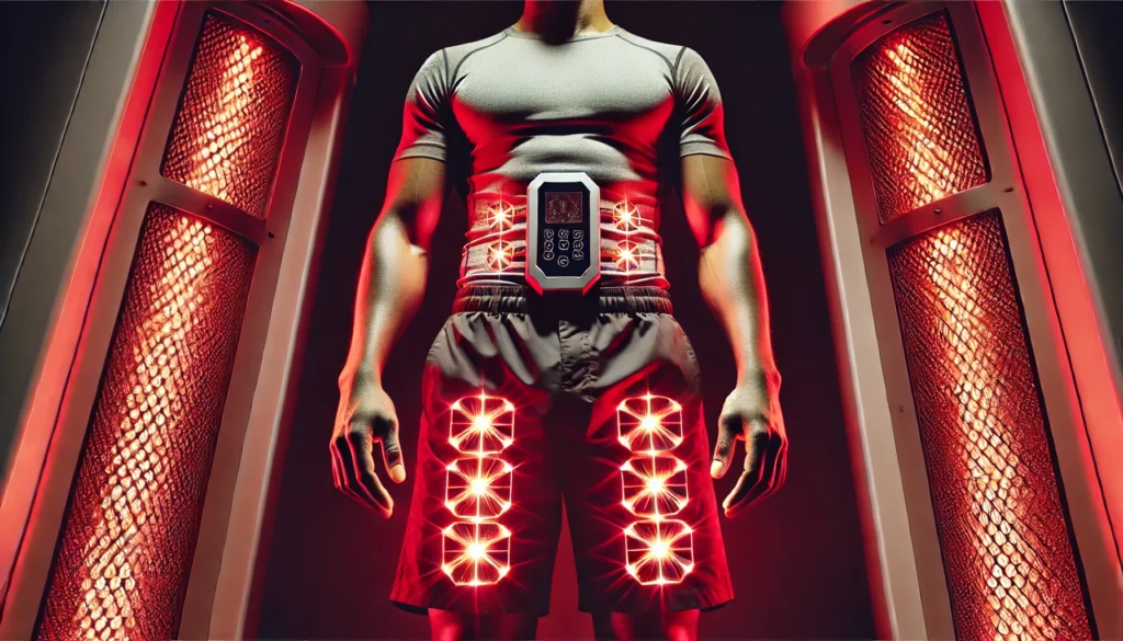 A futuristic wellness clinic featuring a red light therapy treatment room. The room is softly illuminated with red and near-infrared light panels, casting a warm glow. A person lies comfortably on a treatment bed as the red light penetrates their skin, promoting relaxation, fat reduction, and muscle recovery. The environment exudes a high-tech, spa-like aesthetic, emphasizing wellness and rejuvenation.

