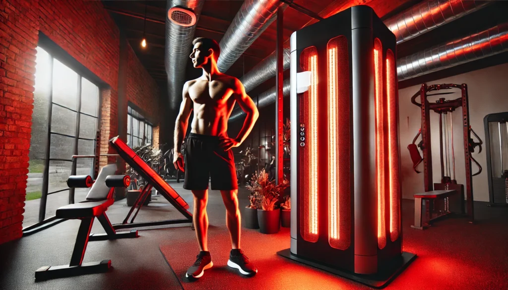 Red Light Therapy for Weight Loss: How It Supports Athletic Recovery & Fat Reduction 2 A fitness enthusiast standing near a red light therapy panel in a sleek, modern gym. The red light glows warmly, enhancing muscle recovery and promoting fat reduction. The gym is equipped with state-of-the-art fitness equipment, reinforcing the connection between red light therapy and athletic performance. The scene conveys a dynamic and health-focused environment, encouraging the integration of red light therapy into fitness routines.