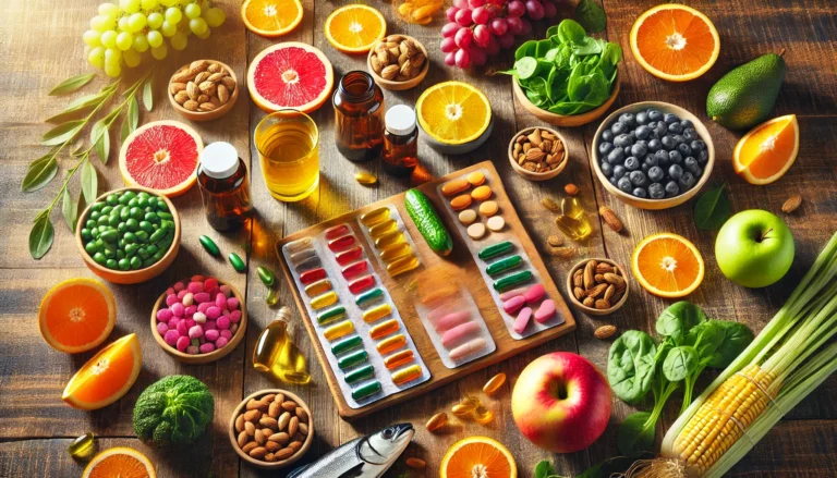 A vibrant flat-lay display of vitamin capsules, soft gels, and tablets arranged with fresh nutrient-rich foods like citrus fruits, leafy greens, nuts, and fish, symbolizing a balanced approach to supplementation