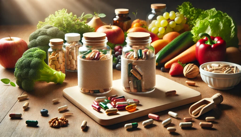  A wooden countertop with open vitamin supplement bottles spilling colorful capsules, surrounded by fresh fruits, vegetables, and nuts, representing the connection between natural and supplemental nutrition