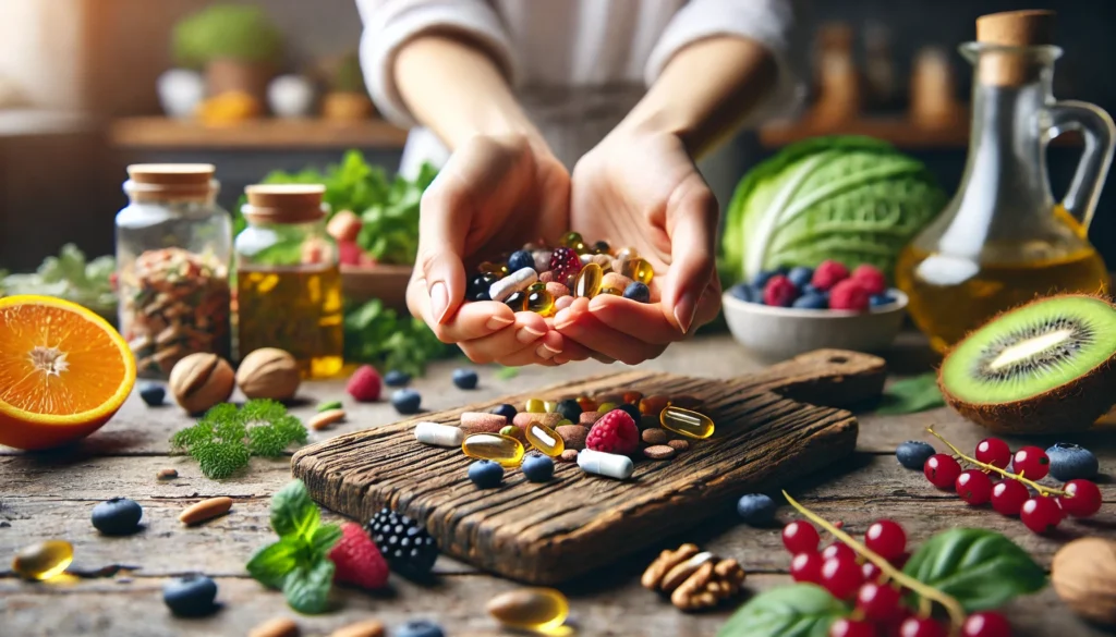 What Vitamins Can I Take Together Daily? A Holistic Guide to Bioavailable Nutrients for Optimal Health 2 A close-up of a person’s hands holding a mix of vitamin capsules and soft gels, with a softly blurred background featuring fresh berries, leafy greens, and nuts on a rustic kitchen counter, symbolizing a balanced approach to nutrition
