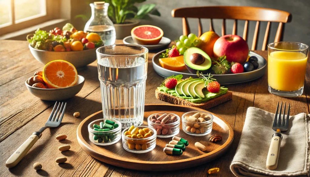 What Vitamins Can I Take Together Daily? A Holistic Guide to Bioavailable Nutrients for Optimal Health 3 A beautifully arranged breakfast scene featuring a glass of water and a small dish of assorted vitamin capsules on a wooden dining table, with fresh fruits, avocado toast, and nuts in the background, illuminated by warm morning sunlight, symbolizing a balanced daily supplement routine