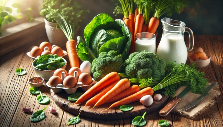 A colorful arrangement of fresh foods rich in Vitamin A and K, including carrots, spinach, kale, broccoli, eggs, and dairy products, displayed on a wooden kitchen counter with natural lighting, emphasizing their nutritional value