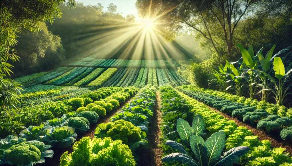 A lush green farm with rows of vibrant leafy vegetables like kale, spinach, and broccoli thriving under bright sunlight, symbolizing natural sources of Vitamin K and their role in a nutritious diet