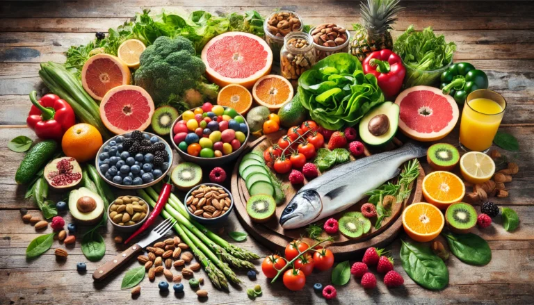 A vibrant assortment of nutrient-rich foods, including colorful fruits, leafy greens, nuts, and fatty fish, arranged on a rustic wooden table with natural lighting, symbolizing natural energy-boosting vitamins for metabolism support