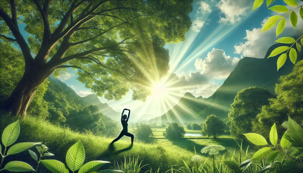Boost Your Energy Naturally: The Best Vitamins for Metabolism Support 2 A peaceful nature scene featuring a person stretching in the morning sunlight, surrounded by lush green landscapes and fresh air, symbolizing natural energy and a healthy, vibrant lifestyle supported by metabolism-boosting vitamins
