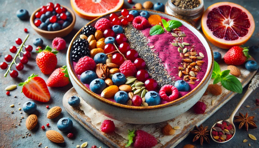 Boost Your Energy Naturally: The Best Vitamins for Metabolism Support 3 A close-up of a vibrant smoothie bowl filled with berries, nuts, seeds, and superfoods, showcasing a colorful and nutrient-rich meal that naturally supports metabolism and boosts energy levels