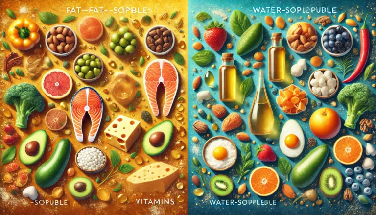 A visually contrasting digital artwork depicting fat-soluble vitamins (A, D, E, K) with oil-rich foods like salmon, avocado, and cheese on a warm golden background, and water-soluble vitamins (B-complex, C) with hydrating fruits and vegetables like oranges, strawberries, and leafy greens on a cool blue background, emphasizing their differences in absorption and storage