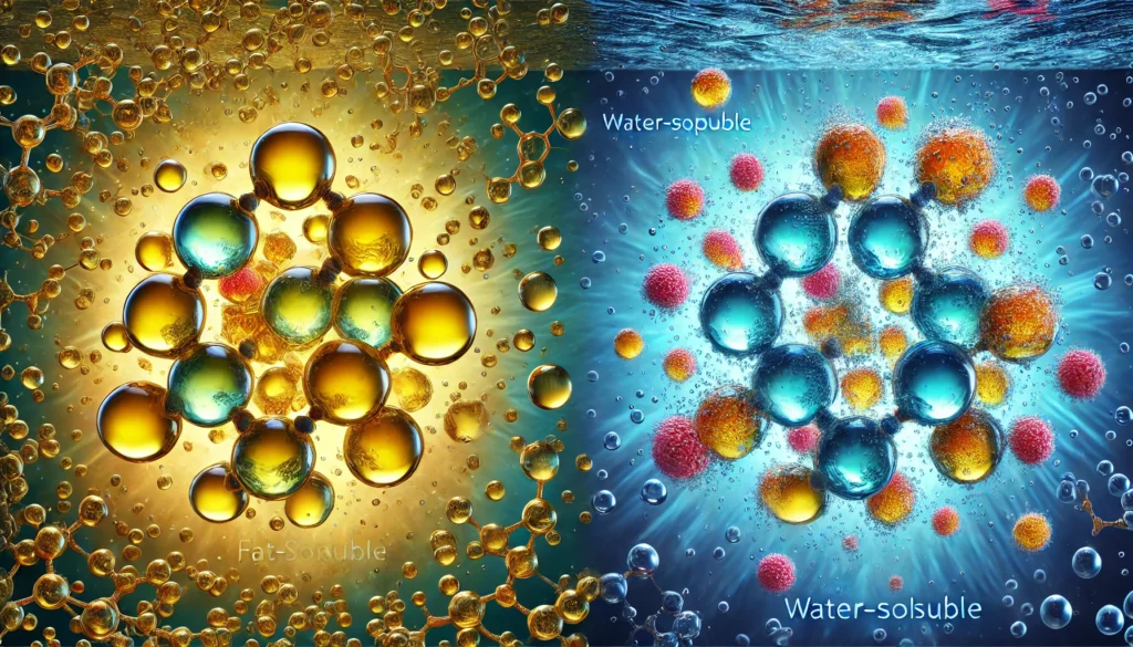 A conceptual visualization of fat-soluble and water-soluble vitamins, with golden oil droplets suspended in a lipid environment representing fat-soluble vitamins and glowing water molecules dissolving in a clear blue liquid symbolizing water-soluble vitamins, emphasizing their distinct absorption properties