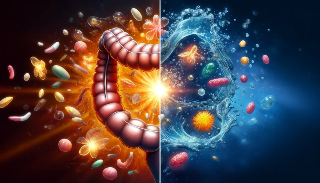 Fat-Soluble vs. Water-Soluble Vitamins: Understanding Their Roles and Benefits 2 A split-screen artistic depiction of fat-soluble and water-soluble vitamin absorption, with fat-soluble vitamins merging into lipid molecules in the intestine on the left and water-soluble vitamins dissolving in water and dispersing through the bloodstream on the right, visually highlighting their distinct metabolic pathways