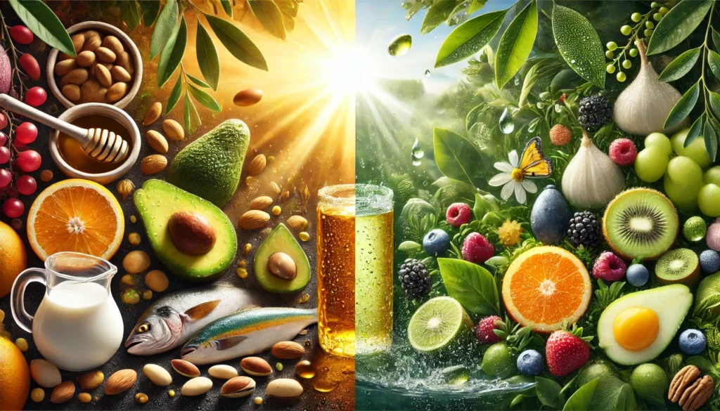 Fat-Soluble vs. Water-Soluble Vitamins: Understanding Their Roles and Benefits 3 A visually striking contrast of fat-soluble and water-soluble vitamins in nature, with golden sunlight illuminating oil-rich foods like avocados, fish, and nuts on the left, and a water-filled scene with citrus fruits, berries, and leafy greens covered in dewdrops on the right, emphasizing their unique dietary sources and solubility