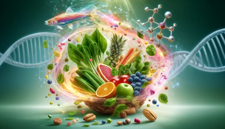 A vibrant digital artwork depicting bioavailable nutrients, featuring fresh leafy greens, citrus fruits, nuts, and fish merging into molecular structures. The glowing energy aura symbolizes enhanced nutrient absorption, set against an ethereal wellness-inspired background